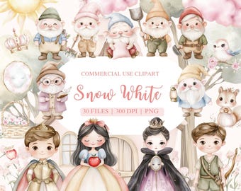 May include: A set of 30 digital clipart images featuring characters from the fairy tale Snow White. The images include Snow White, the Evil Queen, Prince Charming, seven dwarfs, and other characters. The images are in a watercolor style and are perfect for creating invitations, cards, and other crafts.