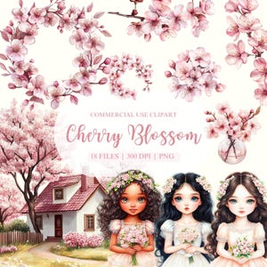 Watercolor Cherry Blossom Clipart, Floral Girl Clipart, Spring Clipart, Sakura Clipart, Spring Flowers Clipart, Pink Flower Clipart, Cherry