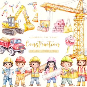 Baustelle Aquarell Clipart, Baumeister Clipart, Baustellenfahrzeug, Kindergeburtstag, Partydeko
