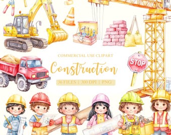 Construction Watercolor Clipart, Builder Clipart, Construction Vehicle for Kids, Children Birthday Party Decor, Construction Party