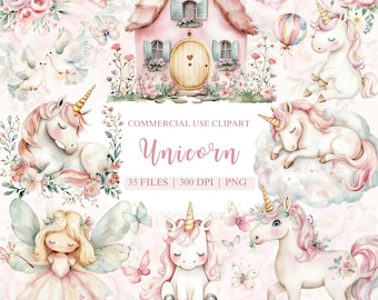 May include: A digital clipart set featuring watercolor illustrations of unicorns, butterflies, flowers, a fairy, and a pink cottage. The set includes 35 files, each at 300 DPI and in PNG format. The text "COMMERCIAL USE CLIPART Unicorn 35 FILES | 300 DPI | PNG" is included in the image.