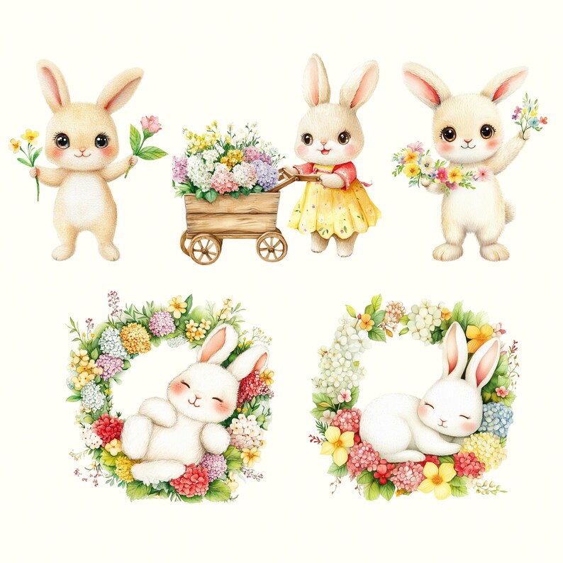 Floral Bunnies Watercolor Clipart, Spring Clipart, Easter Bunny PNG ...