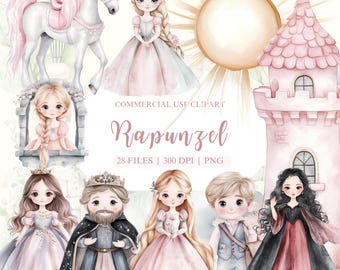 ラプンツェルの水彩画のクリップアート、塔の上のラプンツェル、マキシマス、フリン・ライダー、ゴーテル、ラプンツェルの誕生日、おとぎ話のクリップアート、ファンタジーのクリップアート、ラプンツェル