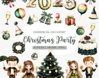 Clipart de fiesta navideña en acuarela, PNG de Año Nuevo, Clipart de Año Nuevo, Año Nuevo 2025, Clipart de celebración, Cuenta regresiva de Navidad, Festivo