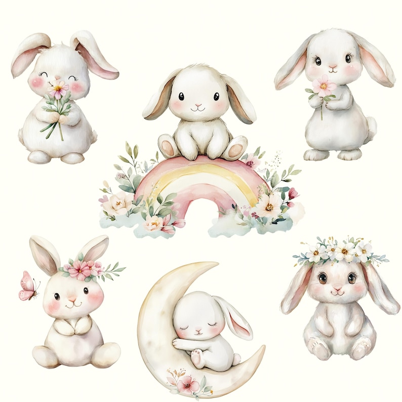 May include: A set of six watercolor illustrations featuring cute bunnies in various poses. The bunnies are white with pink accents and are surrounded by flowers and a rainbow.