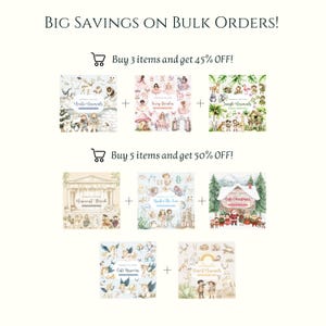 May include: A graphic showing a sale on digital clipart sets. The image shows six different sets of watercolor illustrations, including jungle animals, fairy garden, jungle animals, ancient greek, under the sea, and cafe christmas. The text reads "BIG SAVINGS ON BULK ORDERS! Buy 3 items and get 45% OFF! Buy 5 items and get 50% OFF!"
