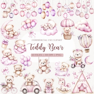 Watercolor Pink Teddy Bear Clipart Bundle, Sleppy Teddy Bears, Bear PNG, Girl Baby Shower Clipart, Girl Birthday Clipart, Pink Baby Shower