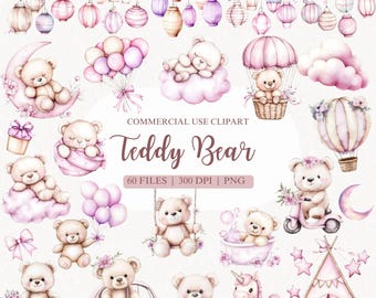 Watercolor Pink Teddy Bear Clipart Bundle, Sleppy Teddy Bears, Bear PNG, Girl Baby Shower Clipart, Girl Birthday Clipart, Pink Baby Shower
