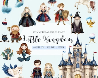 Watercolor Little Kingdom Clipart, Princess and Prince Clipart, Royal Clipart, Unicorn Clipart, Princess Castle Clipart, Fairytale Clipart