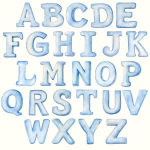 May include: A set of blue watercolor alphabet letters, A through Z, with a white background.