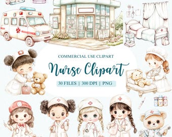 May include: A set of 30 digital clipart images featuring watercolor illustrations of nurses, a hospital, medical supplies, and teddy bears. The images are perfect for creating cards, invitations, and other crafts.