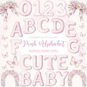Alphabet rose aquarelle Clipart, PNG de l'Alphabet, clipart bébé jalon mensuel, clipart chiffres, clipart bébé fille, clipart baby shower