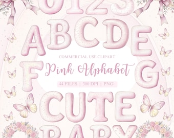 Pink Alphabet Watercolor Clipart, Alphabet PNG, Baby Monthly Milestone Clipart, Numbers Clipart, Baby Girl Clipart, Baby Shower Clipart