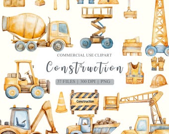 Clipart aquarelle construction, véhicule de construction pour enfants, décoration de fête d'anniversaire d'enfants, bulldozer, camion à benne basculante, fête de la construction