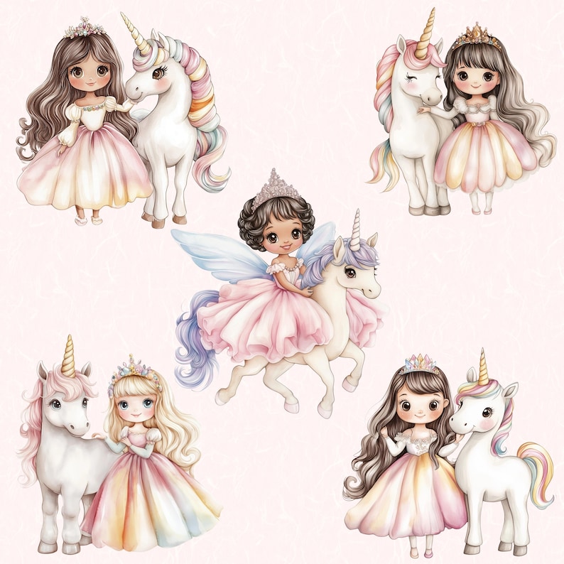 Puede incluir: Cinco ilustraciones de princesas con unicornios. Cada princesa lleva un vestido rosa y una corona. Los unicornios son blancos con crines y colas arco&iacute;ris.