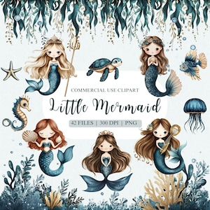 Watercolor Mermaid Clipart, Little Mermaid PNG, Sea Animals PNG, Under The Sea Clipart, Cute Mermaid Clipart, Mermaid Birthday PNG, Seahorse