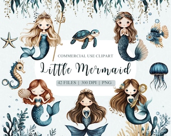 Op de afbeelding: Een set van 42 digitale clip art afbeeldingen met illustraties van zeemeerminnen, zeeschildpadden, zeepaardjes, kwallen en zeewier. De afbeeldingen zijn in aquarelstijl en hebben een sprookjesachtige, fantasierijke uitstraling. De tekst "Little Mermaid" is in de afbeelding opgenomen.