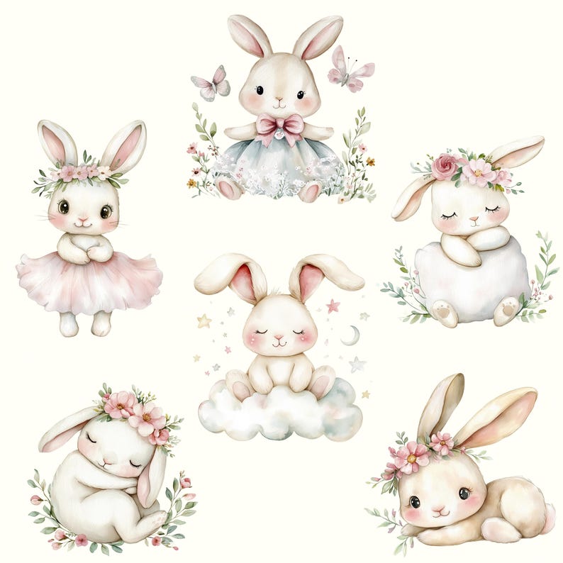 May include: Six watercolor illustrations of cute white bunnies with pink accents. Each bunny has a different floral crown and is in a different pose. The bunnies are surrounded by green leaves and flowers.