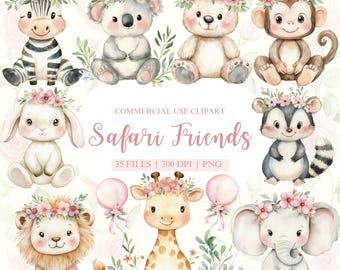 Clipart de guardería de safari, animales de safari PNG, decoración de guardería de safari, baby shower de safari, elefante PNG, jirafa, león, cumpleaños de safari
