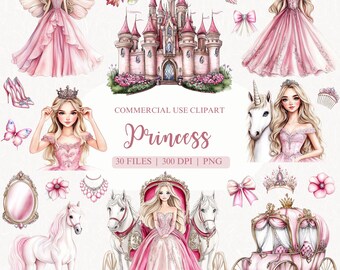 Watercolor Pink Princess Clipart, Princess Castle Clipart, Fairytale Clipart, Cute Princess, Unicorn PNG, Nursery Decor, Commercial Use