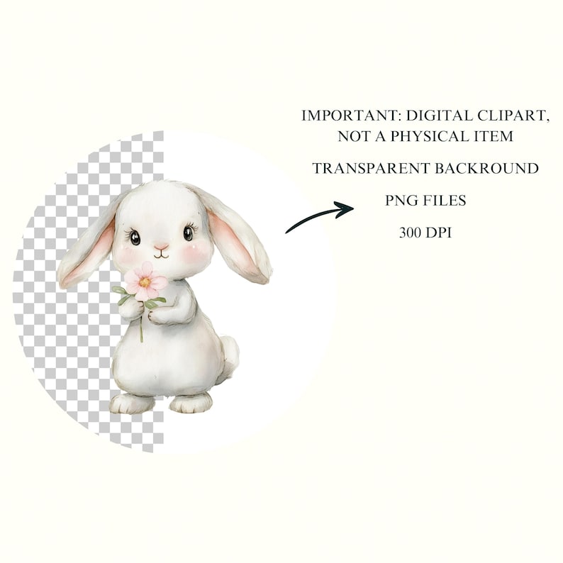 May include: A white bunny with pink ears and nose holds a pink flower. The bunny is standing on a transparent background.