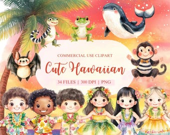 Joli clipart aquarelle hawaïen, PNG hawaïen, Clipart Tropical, Luau Clipart, Clipart été, Clipart chambre d'enfant, anniversaire hawaïen