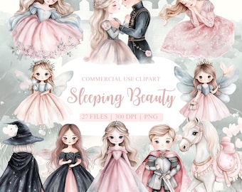 Clipart de acuarela de la Bella Durmiente, Clipart de Aurora, Clipart de hadas, Clipart de fantasía, Clipart de cuento de hadas, Clipart de niña, Clipart de guardería
