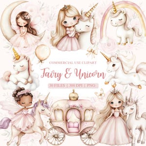 Aquarelle fée et licorne Clipart, fée rose PNG, licorne PNG, jardin féerique, baby shower licorne, clipart premier anniversaire, princesse rose