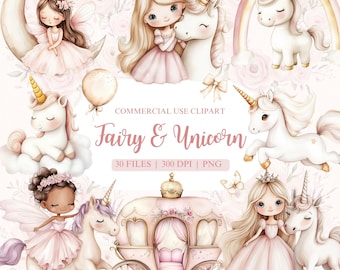 Puede incluir: Un conjunto de 30 imágenes de clipart digital que representan hadas y unicornios. Las imágenes están en un estilo de acuarela y presentan colores rosa, blanco y dorado. El conjunto incluye hadas con alas, unicornios con cuernos, un carruaje y otros elementos caprichosos.