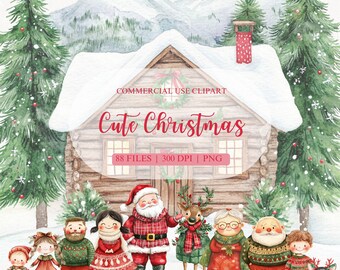 Lindo paquete de imágenes prediseñadas navideñas en acuarela, imágenes prediseñadas familiares, imágenes prediseñadas de Papá Noel, imágenes prediseñadas de invierno, imágenes PNG de elfos, imágenes PNG de unicornios, pueblo navideño