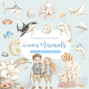 Aquarell Ozean Tiere Clipart, Unterwasser Aquarell Clipart, niedliche Ozean Tiere PNG, Oktopus, Walhai, Qualle, Delfin, Meerestier