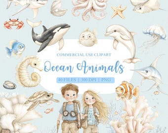 Watercolor Ocean Animals Clipart, Undersea Watercolor Clipart, Cute Ocean Animals PNG, Octopus, Whale Shark, Jellyfish, Dolphin, Sea Animal