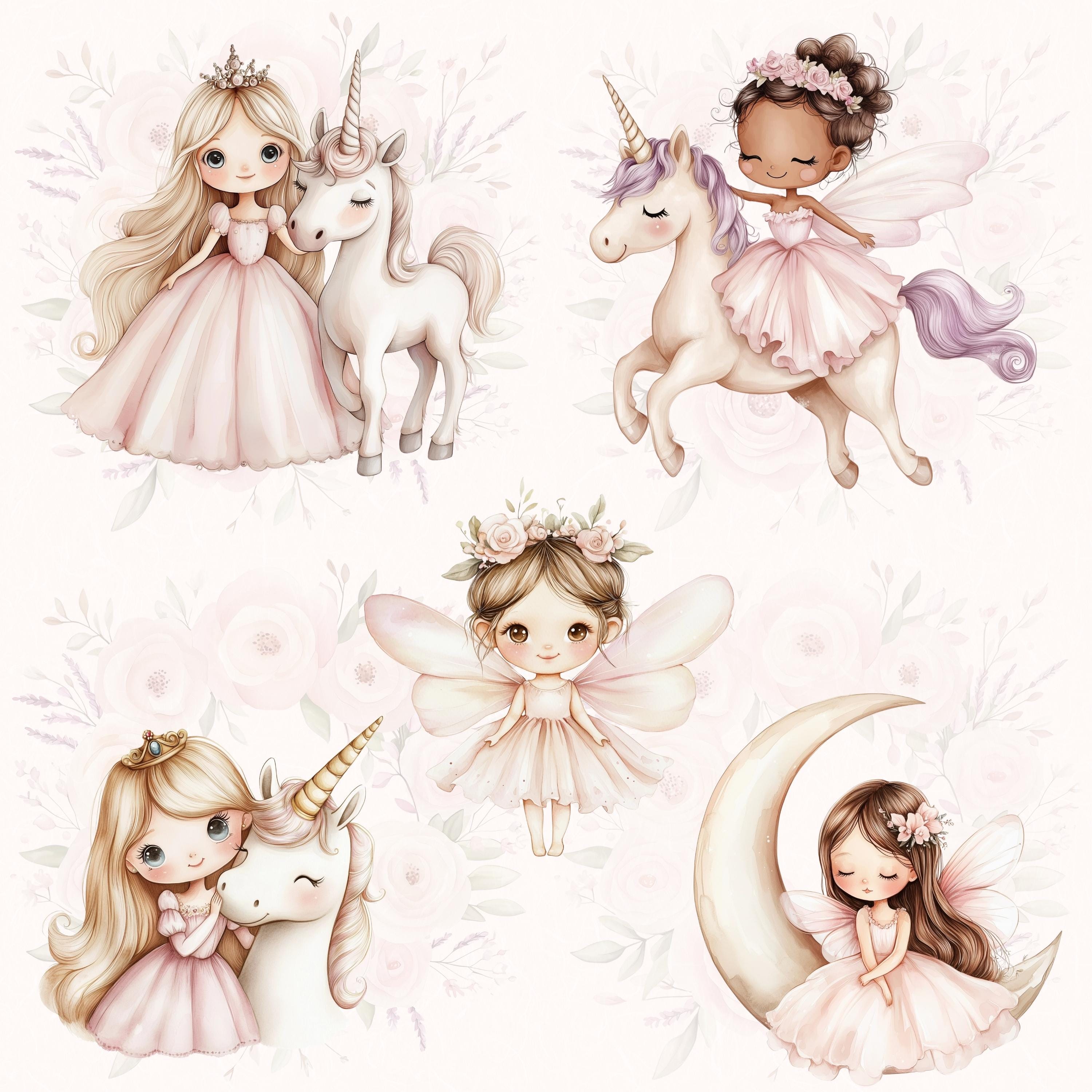 Watercolor Fairy and Unicorn Clipart, Pink Fairy PNG, Unicorn PNG ...