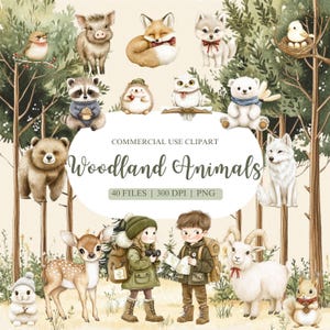 Clipart animaux de la forêt aquarelle, clipart animaux de la forêt, cerf, hibou, lapin, renard, Clipart baby shower des bois, explorateurs, décoration de chambre d'enfant