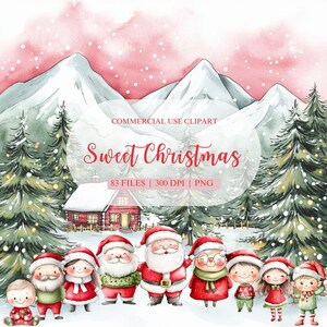 Sweet Christmas Watercolor Clipart Bundle, Cute Santa Claus Clipart, Sweet Christmas Family, Reindeer, Elf, Winter Clipart, Wreath Clipart