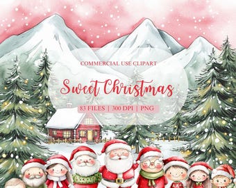 Paquete de imágenes prediseñadas de acuarela de dulce Navidad, lindas imágenes prediseñadas de Papá Noel, dulce familia navideña, reno, elfo, imágenes prediseñadas de invierno, imágenes prediseñadas de corona