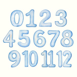 May include: Watercolor illustration of the numbers 0 through 12 in a light blue color. The numbers are painted in a slightly rounded, bubbly style.
