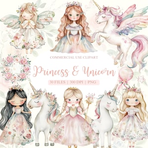 Regenbogen Prinzessin und Einhorn Clipart, rosa Prinzessin, Regenbogen Einhorn PNG, Fee Clipart, Prinzessin Geburtstag Clipart, Einhorn-Babyparty