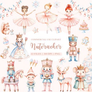 Clipart de quebra-nozes em aquarela, Quebra-nozes PNG, Quebra-nozes rosa, Quebra-nozes azul, Bailarina quebra-nozes, Clipart de bailarina, Rei rato, Fada