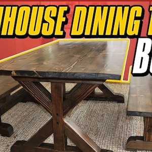 May include: A farmhouse dining table and two matching benches are shown in a room with a rug. The table has a dark wood top and a sturdy base with an X-shaped design. The benches are also made of dark wood and have a simple design. The table and benches are stained a dark brown color. The text "FARMHOUSE DINING TABLE BUILD" is visible in the image.