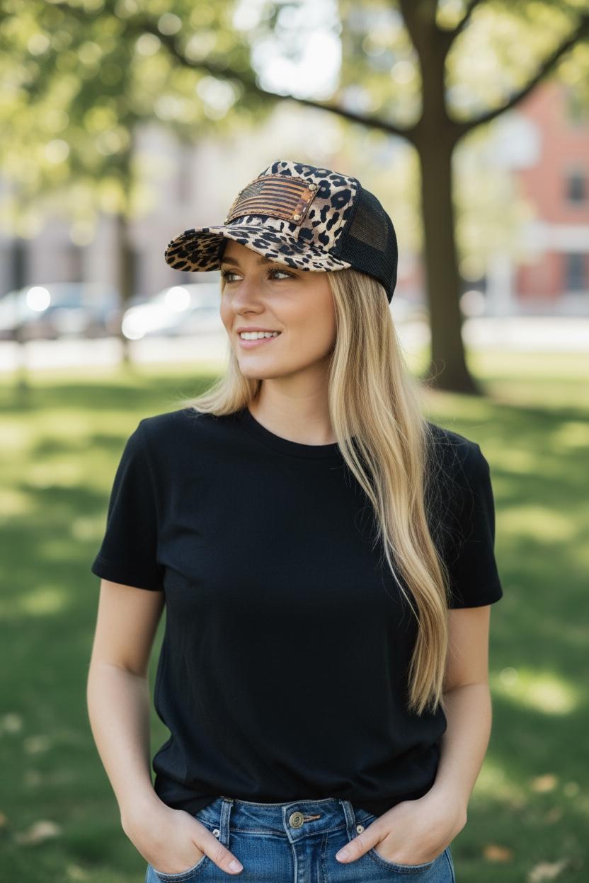 AMERICAN FLAG hat, leopard print, trucker hat, cheetah print, leather, women's hat gift, rustic women's hat, rustic gift, western