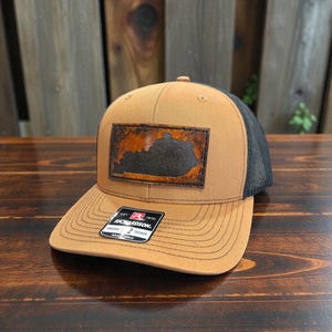 GENUINE LEATHER Kentucky state trucker hat, antique process, carhartt tan color, men women gift, stitched patch