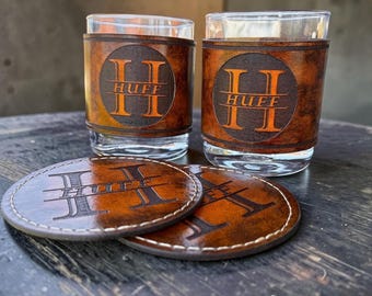Leather Wrapped Whiskey Glass Set, Personalized Bourbon Glasses