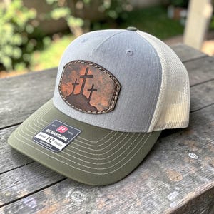 THREE RUGGED CROSS hat, men’s trucker hat, women’s hat,rustic leather, faith, religious gift, Easter hat