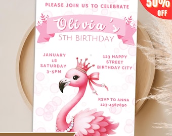 May include: Pink flamingo birthday invitation with a crown, bubbles, and the text "Olivia's 5th Birthday". The invitation includes the date, time, and address for the party.  RSVP information is also included.
