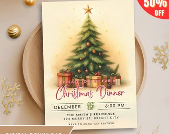 Puede incluir: Una invitación digital descargable para una cena de Navidad. La invitación presenta una ilustración de acuarela de un árbol de Navidad decorado con regalos debajo. El texto dice "Por favor, únase a nosotros para una cena de Navidad, 15 de diciembre, 6:00 PM, La residencia de los Smith, 123 Merry St. Bright City, RSVP a Anna 123-4567890".