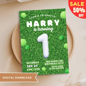 Modèle modifiable d'Invitation pour le premier anniversaire, vert fête du 1er anniversaire, mise en page imprimable de carte d'étape importante de 1 an, invitation de fête d'enfants