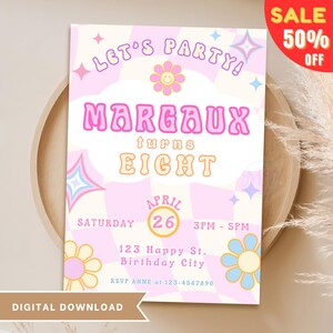 May include: A pink and white digital download birthday party invitation for a girl turning eight. The invitation features a retro-style font with the text "Let's Party!" and "Margaux turns Eight". The invitation also includes a pink and white checkered pattern, a flower with a smiley face, and stars.