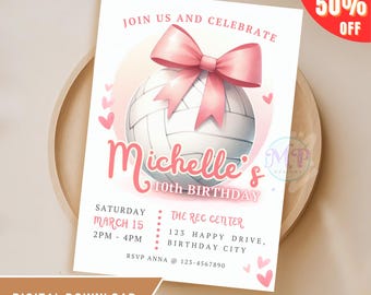 Watercolor Pink Bow Volleyball Invitation, Pink Coquette Volleyball Ribbon Girl Party Invite, Editable Invite Template, Digital Download
