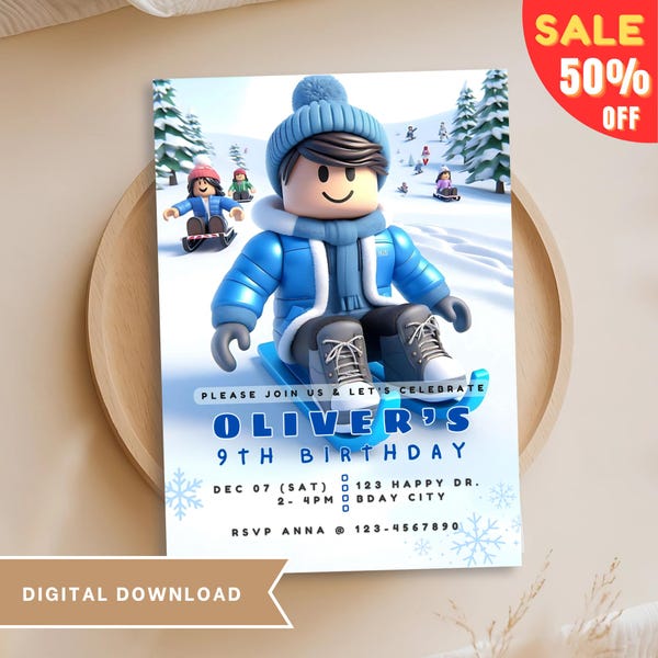 Winter Birthday Party Invitation, Snow Sled Party Invitation, Building Block Boy Birthday Invite, Editable Template Digital Downloads